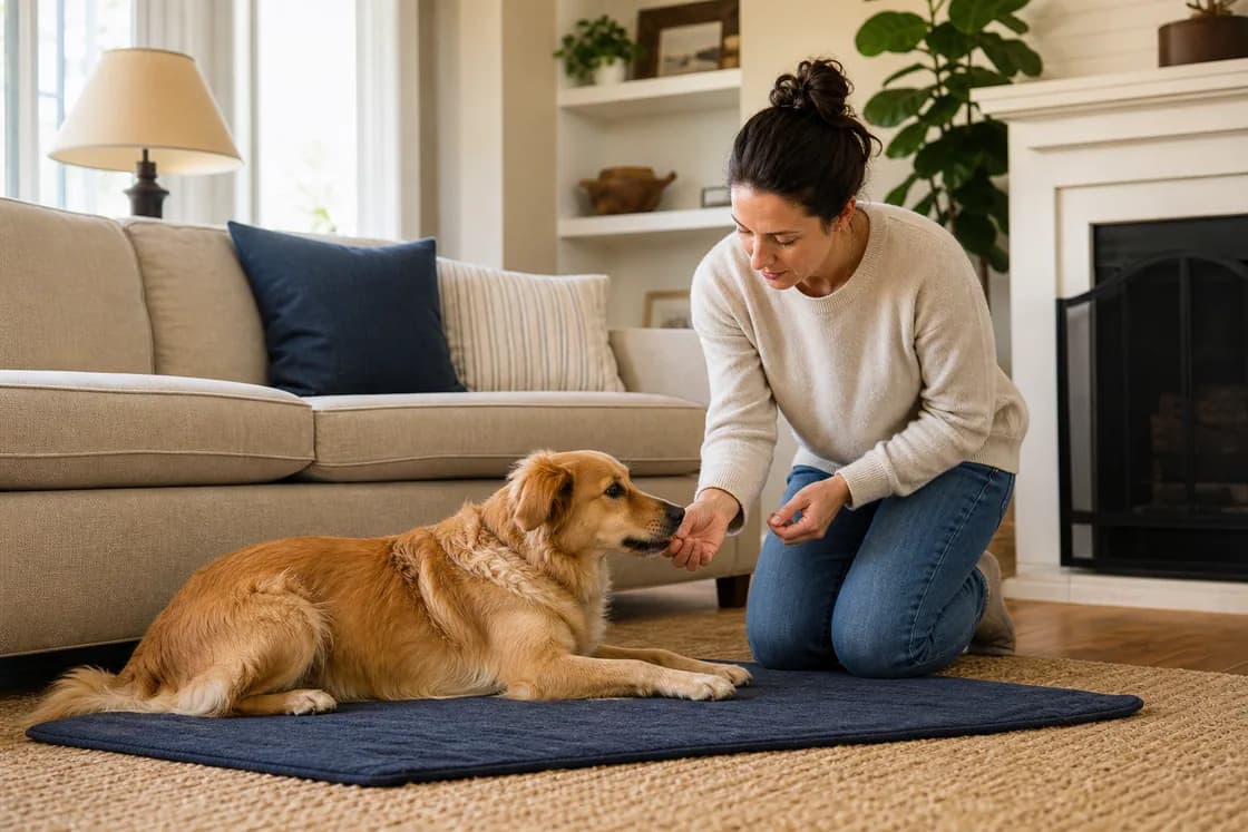An owner rewarding her dog during calm mat training at home